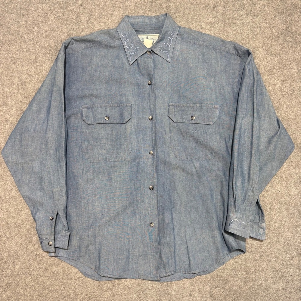 Vintage Gloria Vanderbilt Chambray Button Down Shirt Blue Cotton Western Mens M